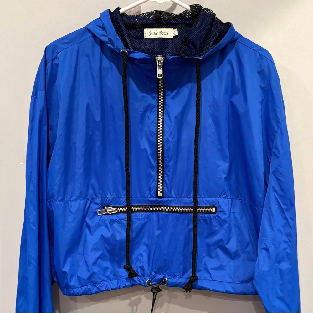 Settle Down Women’s Blue Windbreaker Hoodie Jacket Size L NWT - Picture 1 of 8
